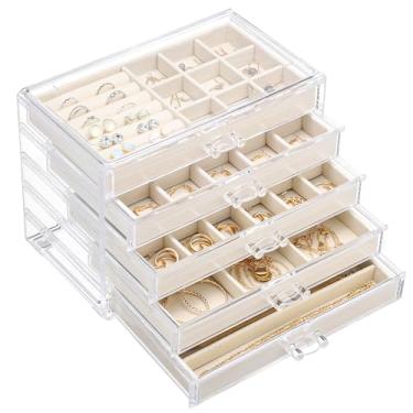 Imagem de Ewen Organizador grande de armazenamento de joias com 5 gavetas em 5 layouts diferentes, bandejas de joias ajustáveis de acrílico, estojo bege para brincos, colares, pulseiras e acessórios de cabelo