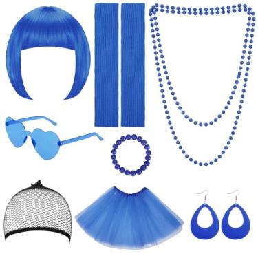Imagem de ZhouBoat Conjunto de 8 peças de perucas femininas azuis para festa com peruca bob curta touca tutu saia óculos mangas de perna joias para despedida de solteira Halloween cosplay (azul)