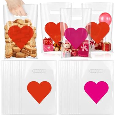 Imagem de GliCraft 100 unidades de sacos de presente de dia dos namorados com alça 24 x 16,5 cm, sacolas de plástico de cor sólida para presente de dia dos namorados, lembrancinhas de festa de casamento