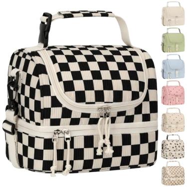 Imagem de Vankor Lancheira infantil, lancheira térmica de veludo cotelê de dois andares para meninas e meninos, alça ajustável à prova de vazamento grande lancheira para viagens escolares, veludo cotelê preto