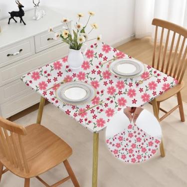 Imagem de Mulilai Toalha de mesa quadrada para primavera, verão, floral, 106 x 106 cm, tecido elastano, antiderrapante, lavável, dobrável, para cartão, capa de mesa com flor rosa
