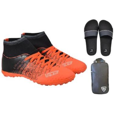 Imagem de Chuteira Society Botinha Adulto Costurada + Bolsa de Mão + Chinelo Sli