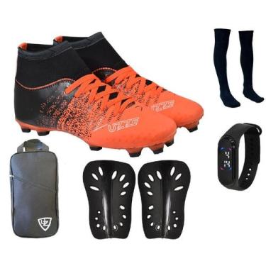 Imagem de Chuteira Campo Botinha UZ Cravo Adulto + Caneleira + Meião + Relógio +