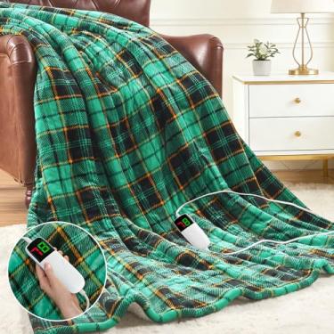 Imagem de Cobertor elétrico verde aquecido 127 x 152 cm, cobertor de aquecimento de Natal para sofá, cobertor de inverno de sherpa xadrez, 10 níveis de aquecimento e desligamento automático de 8 horas
