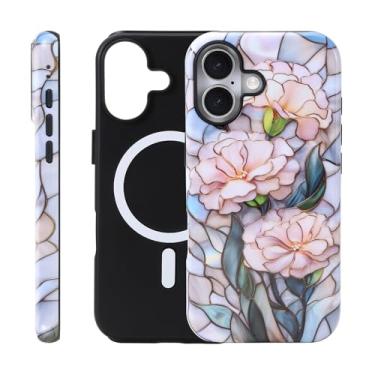 Imagem de Fourmor Capa para iPhone 16 Plus - Carregamento sem fio para MagSafe, capa externa rígida de policarbonato + capa protetora interna de TPU macio de 2 camadas à prova de choque, padrão de lótus 3D