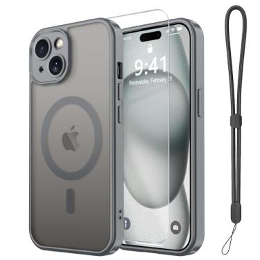 Imagem de Janmitta Capa magnética para iPhone 15 Plus, com protetor de tela, compatível com MagSafe, proteção de câmera, proteção contra quedas de grau militar, capa de telefone fosca translúcida fina, cinza