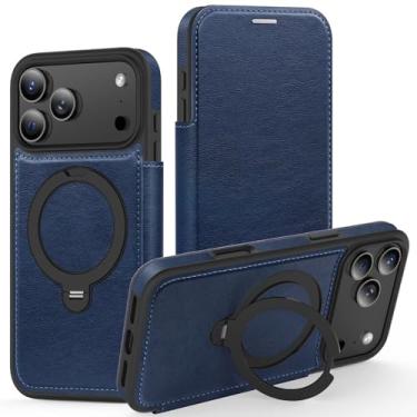 Imagem de Genérico Capa de couro com tampa de estilo empresarial para iPhone 17/17 Air/17 Pro/17 Pro MAX, suporte de anel giratório magnético e capa protetora à prova de impactos (azul, 17 Pro)