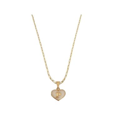Imagem de Colar Cartier 50Cm Coração Branco Letra P Banhado Ouro 18K