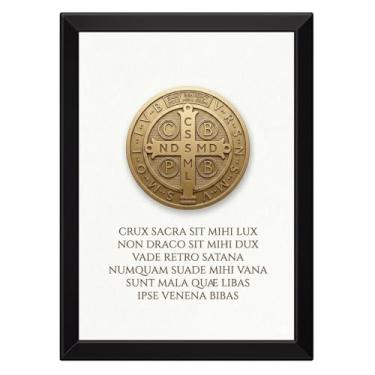 Imagem de Quadro Grande Oração de São Bento Com Medalha Fundo Branco Latim e Português (Moldura Branca, 50x70cm)