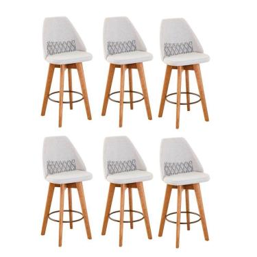 Imagem de Kit 06 Banquetas Alta Maya Giratória Com Encosto Gourmet Linho Bege e Almofada Zigzag - Aurora Line
