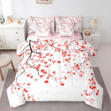 Imagem de Erosebridal Conjunto de edredom com 7 peças de flor de cerejeira rosa em uma bolsa, conjunto de cama Sakura de cerejeira japonesa para meninas e adolescentes, colcha floral com flores de primavera,