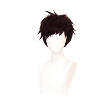 Imagem de Peruca de cosplay de anime vermelha escura, marrom, pontiaguda, sintét