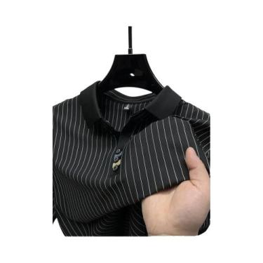 Imagem de Camisa Polo Masculina De Verão Com Listras Jacquard, Leve, Em Seda Gel