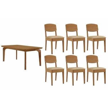 Imagem de Conjunto: Mesa de Cozinha Londrina c/ Tampo Madeirado Canto Curvo 180x90cm e 6 Cadeiras Havana Naturale - Suede Creme - Rufato