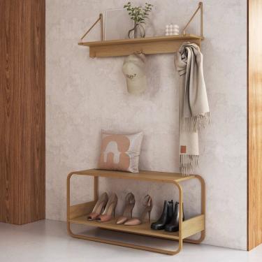 Imagem de Conjunto Sapateira Banco e Prateleira 90cm Orgânico Pé Metal Luna Hanover/Dourado