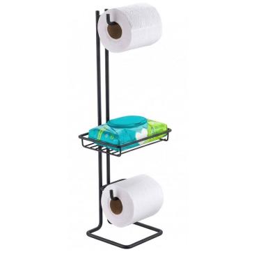 Imagem de Suporte Papel Higiênico Duplo Porta Objeto de Chão Banheiro Preto Fosco - 1182PT Future