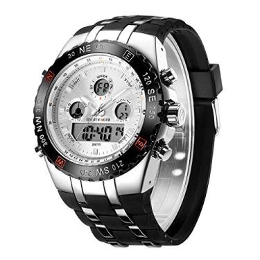 Imagem de Relógio de pulso masculino à prova d 'água, cronômetro, data e data, alarme, analógico digital luminoso de aço inoxidável com pulseira de borracha da Gold Hour, Silver White