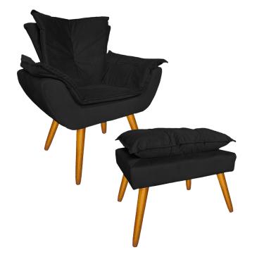 Imagem de Kit Com 1 Poltrona e 1 Puff Para Quarto Sala Salão Apolo Suede Preto - LM DECOR