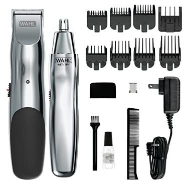 Imagem de Wahl Kit aparador de barba recarregável Groomsman para bigodes, pelos do nariz e detalhes leves e cuidados com bateria molhada/seca bônus aparador de nariz – Modelo 5622v