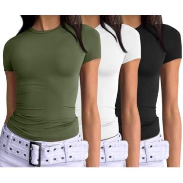 Imagem de AUTOMET Camisetas femininas de manga curta de 3 peças básicas para sair, caimento justo, roupas cropped 2024 Y2k, preto, branco, verde militar, X-Small