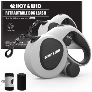 Imagem de HCY&WLD Coleira retrátil para cães 3 em 1 com dispensador integrado e sacos de cocô, coleira resistente para cães de 4,9 m com alça antiderrapante para cães de até 50 libras, 360° sem emaranhados, freio e trava com um botão