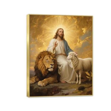 Imagem de Arte de parede em tela de leão e cordeiro, cristão, Jesus Leão, Rei, impressão de Deus, religiosa, decoração de parede, imagens para sala de estar, quarto, 90 x 70 cm (36 x 28 pol), moldura dourada