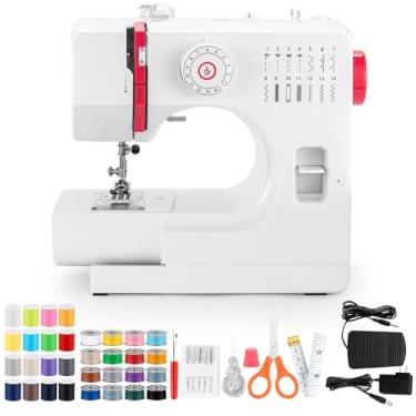 Imagem de Máquina de costura, mini máquinas de costura para adultos e crianças, máquina de costura portátil de 14 pontos de velocidade dupla para iniciantes, kit de costura com pedal e kit de prateleira de