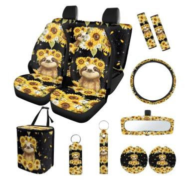 Imagem de Suobstales Conjunto de 13 acessórios para carro com estampa de margarida de girassol preguiça, inclui 4 capas de assento automotivo, 1 capa de volante, 1 lata de lixo, 2 capas de cinto de segurança, 2