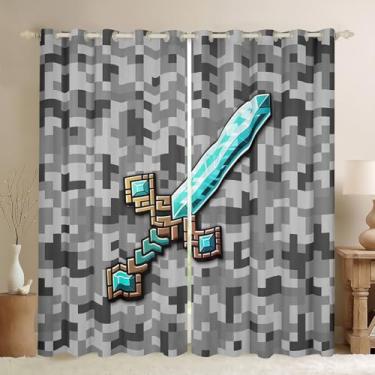 Imagem de Cortina de janela com espada de desenho animado, decoração de sala de estar, jogos temáticos pixelados, tratamento de janela de bloco de areia azul, para crianças, meninos, adolescentes, cinza