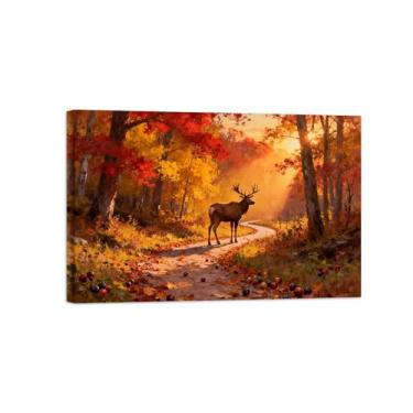 Imagem de Quadro arte parede outono-Veado sol estrada floresta Impressões em tela paisagens-Pintura animais para decoração sala estar 20x30cm Tela Embrulhada