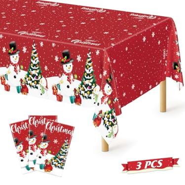 Imagem de QZYL Pacote com 3 toalhas de mesa de Natal, 137 cm x 274 cm, decorações de Natal de boneco de neve, toalha de mesa retangular de plástico, toalha de mesa descartável, decoração de mesa de Natal
