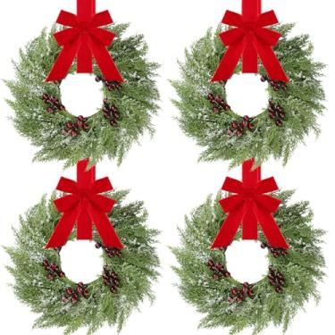 Imagem de Barydat Decorações de guirlanda de Natal, guirlandas de armário de cozinha de Natal com fita vermelha, mini grinaldas, decoração de casa de fazenda, guirlandas artificiais para pendurar na porta da