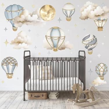 Imagem de BUBUROOM Adesivos de balão – Descasque e cole decalques de parede removíveis com nuvens e estrelas, decalques de parede azuis decoração de quarto, para berçário infantil, sala de jogos, bebê médio