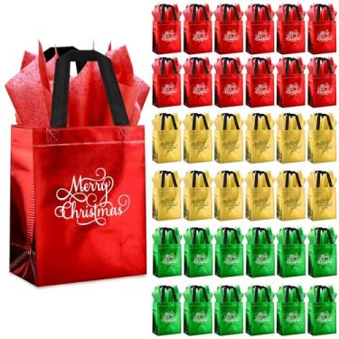 Imagem de Cholemy 24 peças de sacos de presente de Natal tamanho médio com papel de seda reutilizável, não tecido, vermelho, dourado, verde, metálico, sacolas de presente de Natal com alça para lembrancinhas de