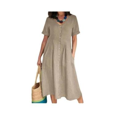 Imagem de Vestido De Algodão E Linho plus Size Com Decote Em V, Manga Curta, Bot
