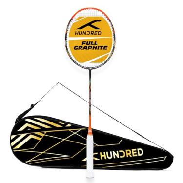 Imagem de HUNDRED Raquete de badminton Powertek 1000 PRO com corda de grafite com cobertura completa para raquete (preto-laranja) | para jogadores intermediários | 95 gramas | Tensão máxima da corda: 11,8 kg