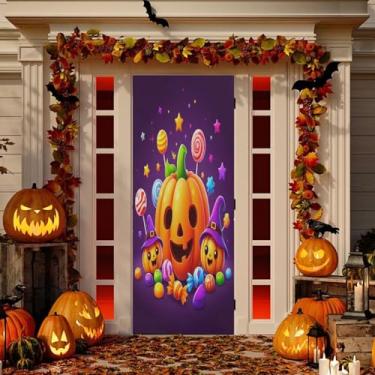 Imagem de Wassud Decoração de cobertura de porta de abóbora decorada com doces faixa interna externa decoração de casa de varanda grande decoração de porta da frente 89 x 199 centímetros