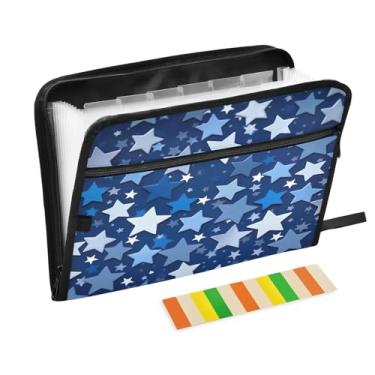 Imagem de Wassud Organizador de arquivos sanfonado com padrão de estrela azul, 13 bolsos, pastas de arquivos expansíveis com abas e adesivos, tamanho carta A4, organizador de pastas de documentos de recibo de