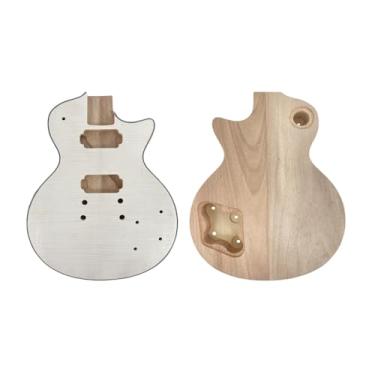 Imagem de YoungMonic Corpo de guitarra elétrica com topo de bordo de mogno inacabado, captador HH e furos de ponte pré-perfurados para substituição de projeto de guitarra DIY (com encadernação)