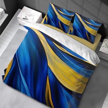 Imagem de Conjunto de edredom de mármore King azul dourado aquarela estampa de mármore capa de edredom adulto com fronha 155 x 220 cm -80 x 80 cm x 2 cm