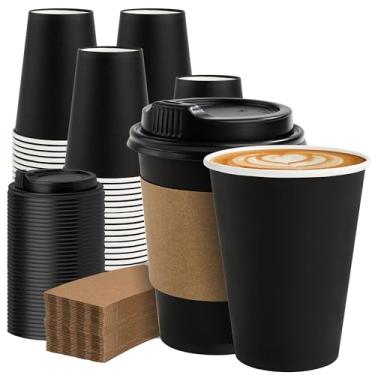 Imagem de METAPRINT Pacote com 100 xícaras de café descartáveis de 340 g com tampas e mangas, copos de papel resistentes para bebidas quentes/frias, xícaras de café à prova de vazamento com tampas para casa
