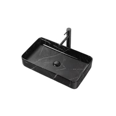 Imagem de Vessel Vanity Sink padrão de mármore preto acima do balcão lavatório doméstico quadrado cerâmica pia banheiro bancada moderna