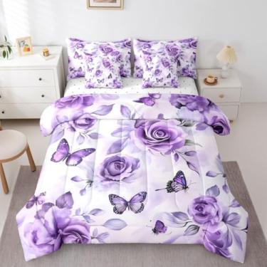 Imagem de Erosebridal Conjunto de cama Queen com estampa de borboleta, rosa roxa, 7 peças, lençol romântico, floral, para decoração de quarto de Dia dos Namorados
