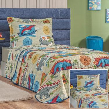 Imagem de Kit Colcha + Jogo de Cama Bouti Kids Solteiro Infantil 5 Peças 100% Poliéster - Dino