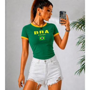 Imagem de Baby Look Feminina Brasil Verde Estilo Seleção Brasileira 100% Algodão