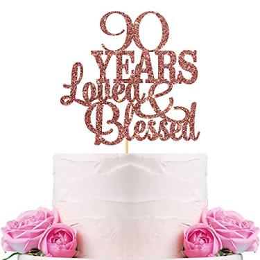 Imagem de Topo de bolo de 90 anos da WeBenison Blessed & Loved para aniversário de 90 anos com decoração de festa de aniversário de casamento e ouro rosa com purpurina