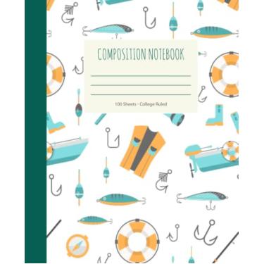 Imagem de Caderno de composição pautado para faculdade - 100 páginas; pesca, barcos, caderno de composição fofo para crianças, meninas, meninos, adolescentes, jovens adultos e adultos
