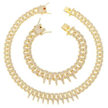 Imagem de HH BLING EMPIRE Conjunto masculino de colar e pulseira de elos cubanos, banhado a ouro, prata, diamante, Miami cubano, corrente de elos cubanos, joias hip hop, 20", Zinco, diamante falso