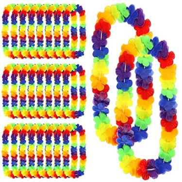 Imagem de Colar havaiano Leis com 24 unidades, flor tropical, lei, floral, luau, decoração de festa, colar havaiano, colar luau, guirlanda de dança hula, faixas de cabeça para festa de casamento de aniversário na praia (arco-íris)