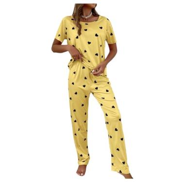 Imagem de RoseSeek Conjunto de pijama feminino, 2 peças, estampa de coração, manga curta, gola redonda, conjunto de pijama fofo, Amarelo, G